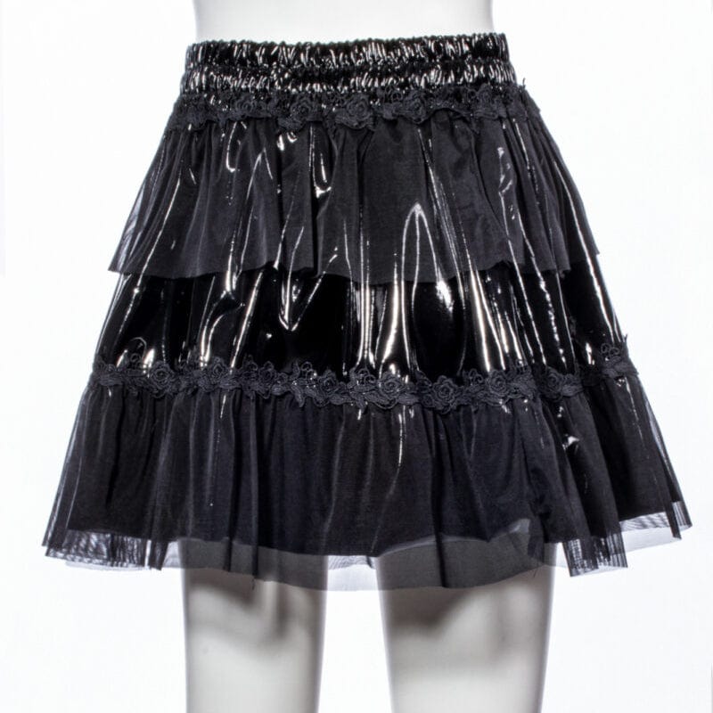 RNG Women's Punk Floral Embroidered Mesh Splice Patent Leather Skirt
