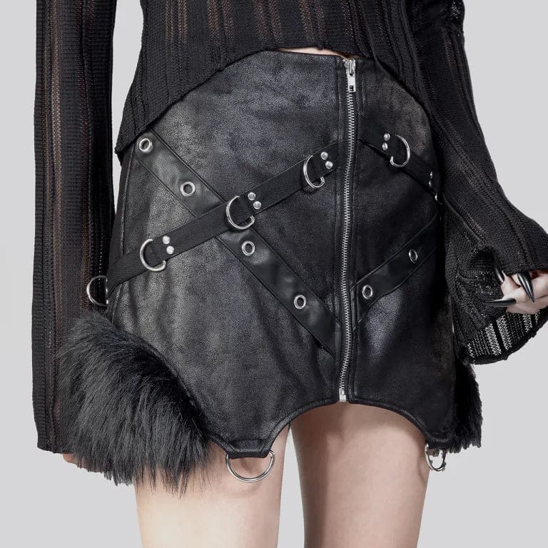 RNG Women's Punk Irregular Fluffy Faux Leather Skirt