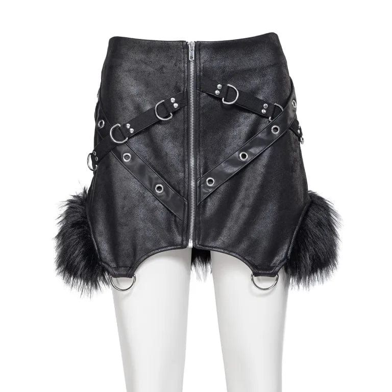 RNG Women's Punk Irregular Fluffy Faux Leather Skirt