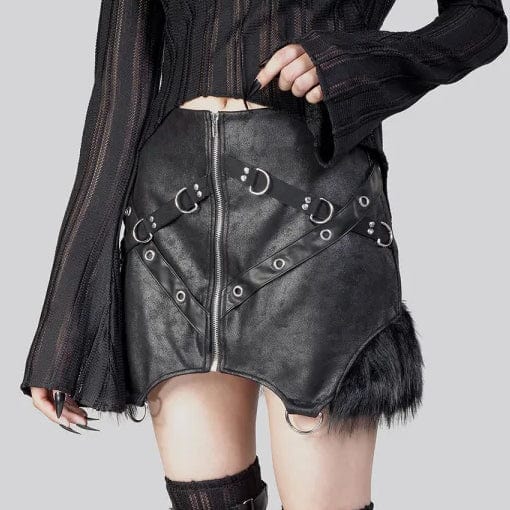 RNG Women's Punk Irregular Fluffy Faux Leather Skirt