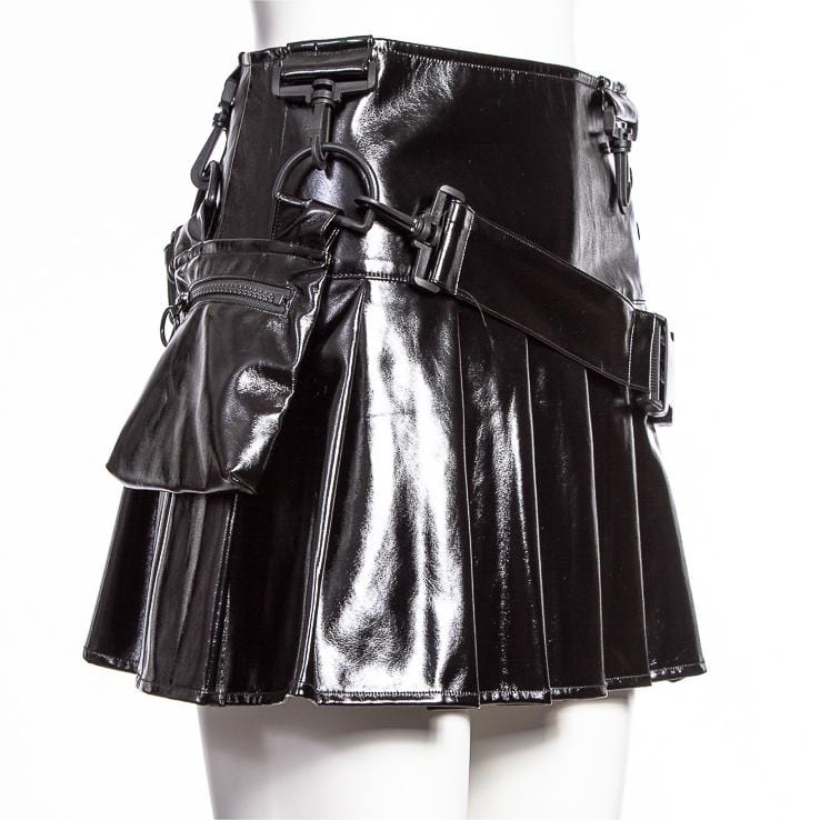RNG Women's Punk Pleated Faux Leather Short Skirt