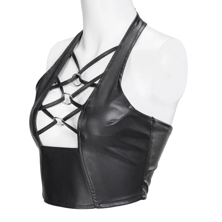 RNG Women's Punk Plunging Halterneck Faux Leather Bustier