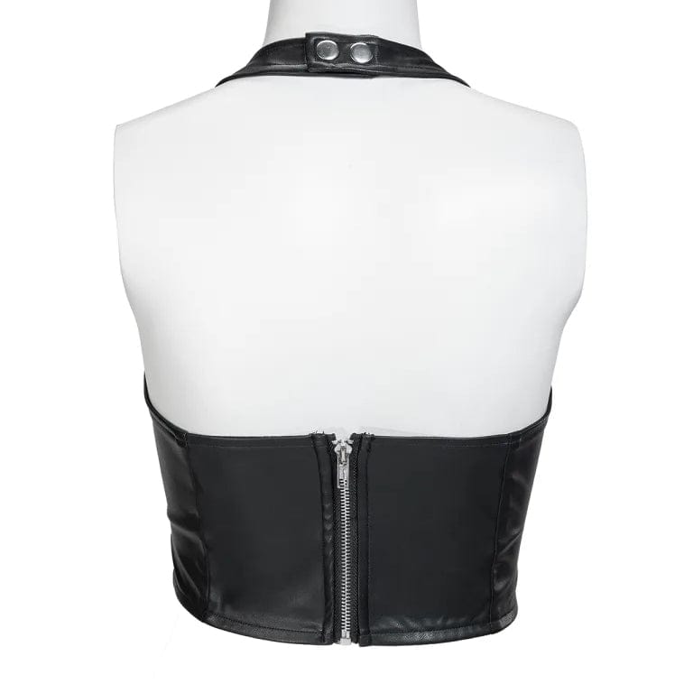 RNG Women's Punk Plunging Halterneck Faux Leather Bustier