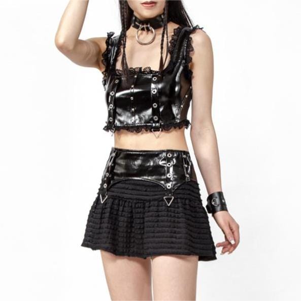 RNG Women's Punk Splice Striped Faux Leather Short Skirt