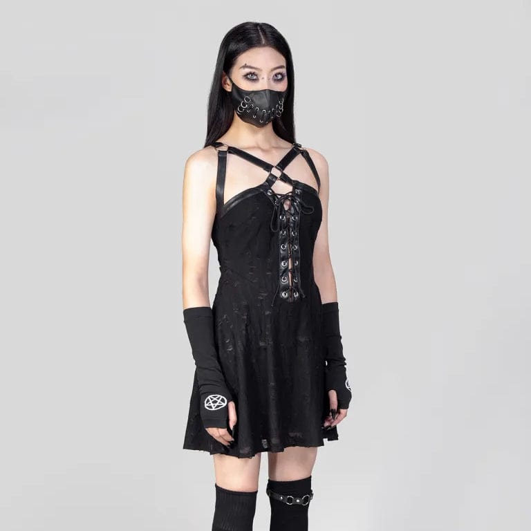 RNG Women's Punk Strap Ripped Lace-up Slip Dress