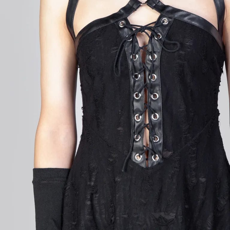RNG Women's Punk Strap Ripped Lace-up Slip Dress