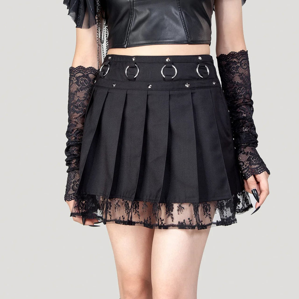 RNG Women's Punk Studded Lace Splice Pleated Skirt