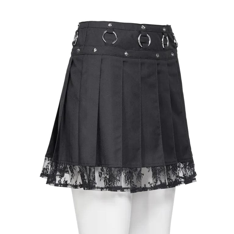 RNG Women's Punk Studded Lace Splice Pleated Skirt