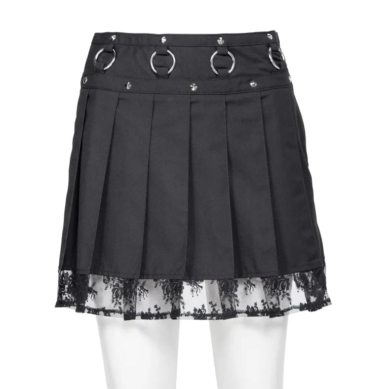 RNG Women's Punk Studded Lace Splice Pleated Skirt