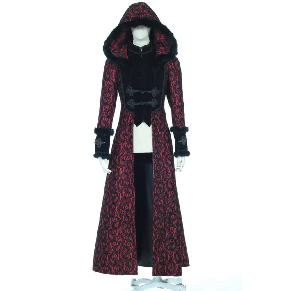 RQ-BL Women's Steampunk Faux Fur Splice Maxi Coat with Hood