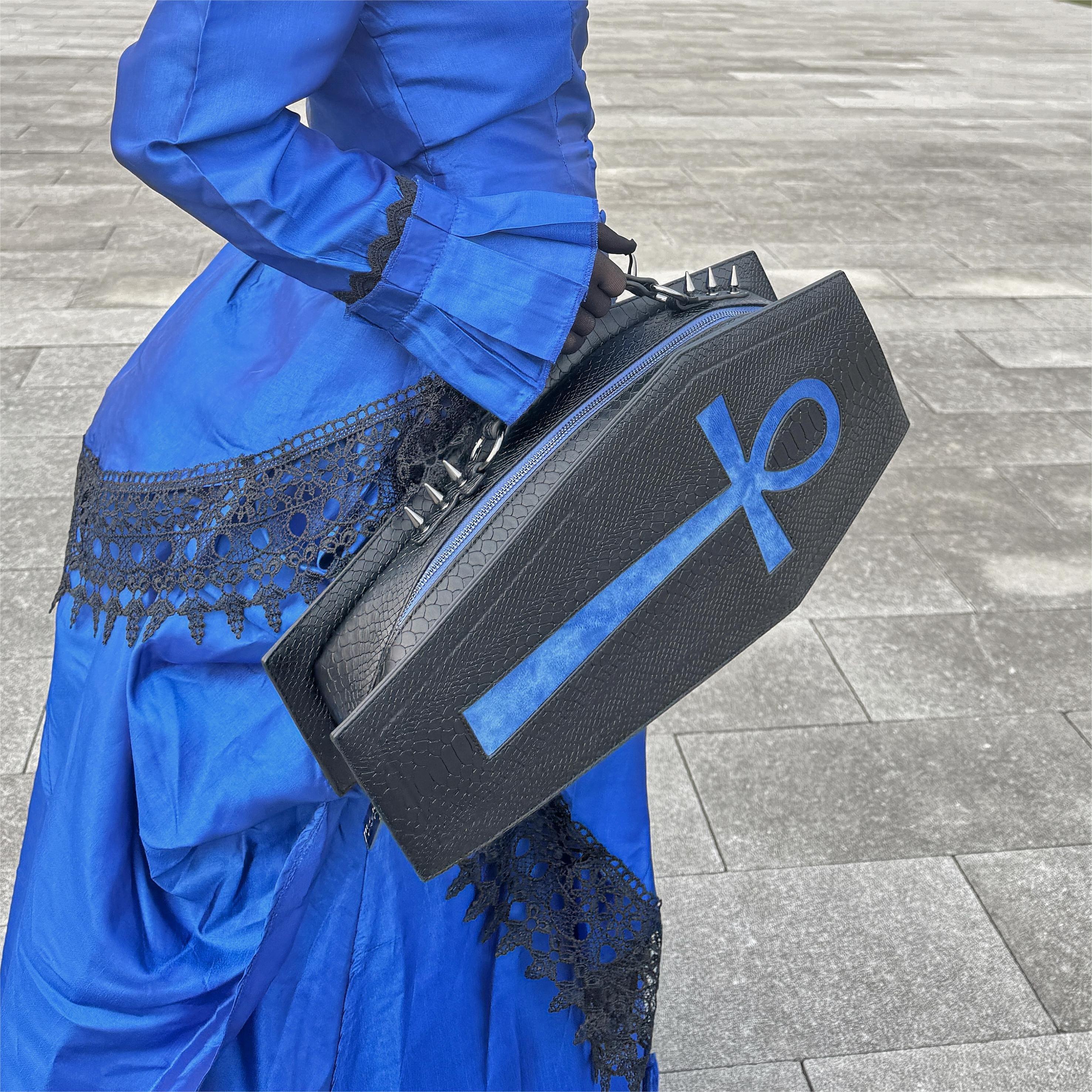 Vukora Women's Gothic Cross Bat Wing Coffin Bag Black-Blue