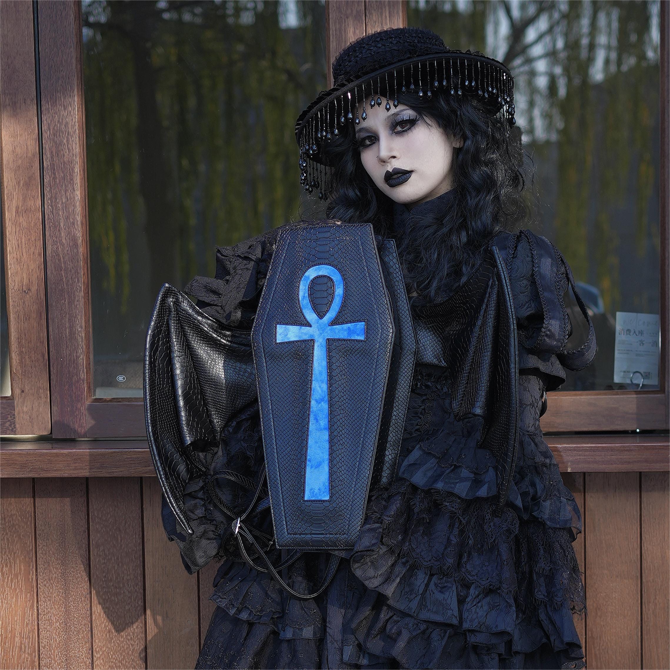 Vukora Women's Gothic Cross Bat Wing Coffin Bag Black-Blue