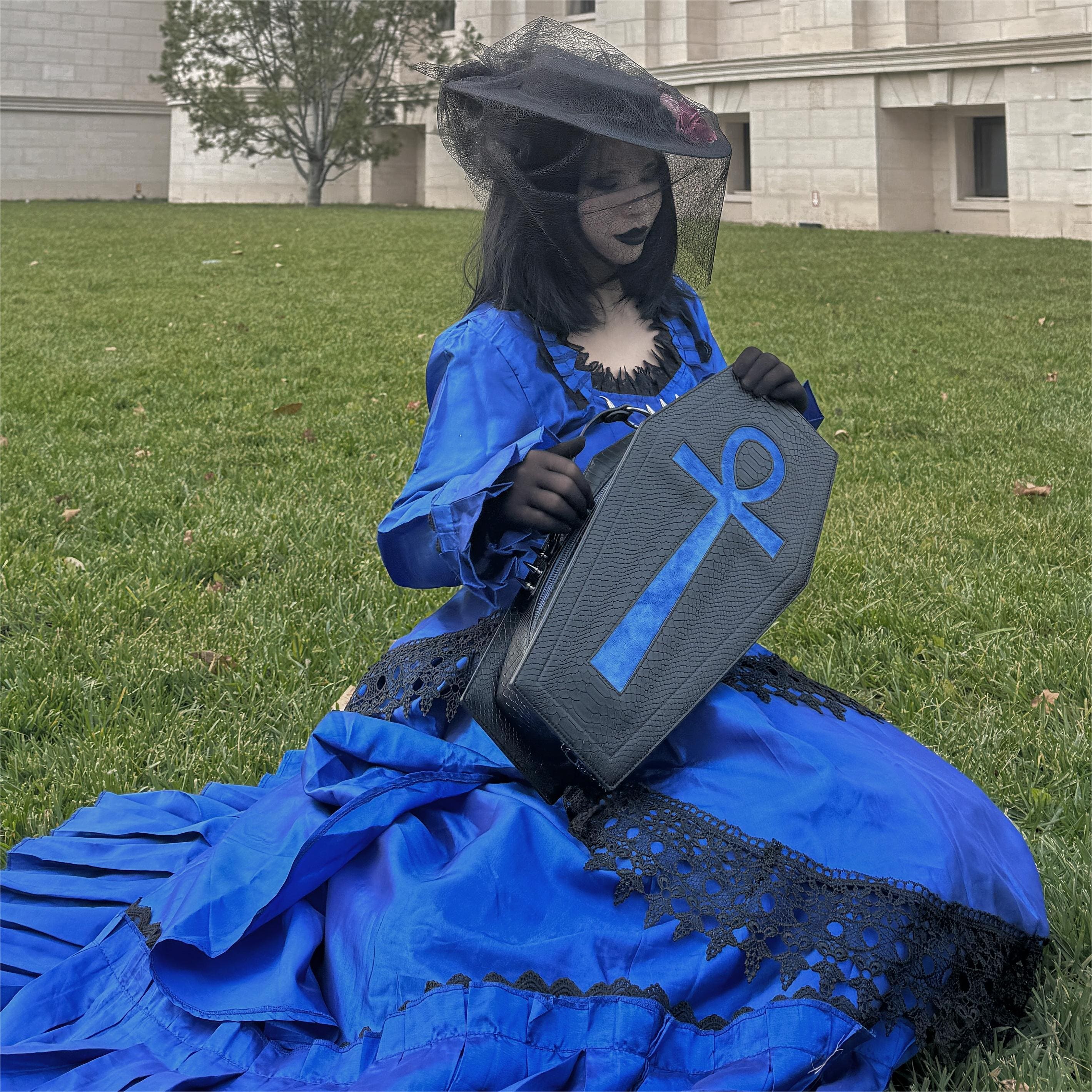 Vukora Women's Gothic Cross Bat Wing Coffin Bag Black-Blue