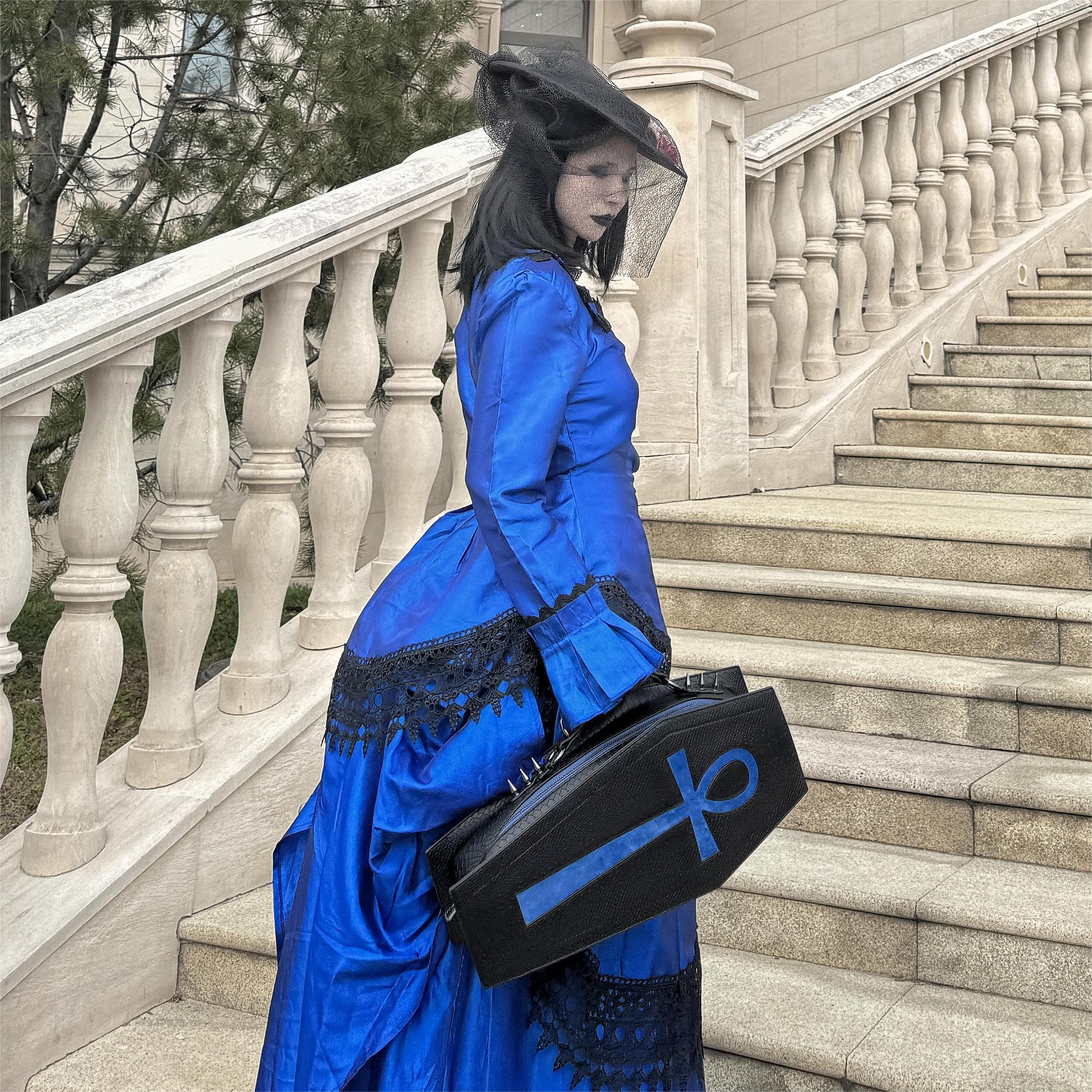 Vukora Women's Gothic Cross Bat Wing Coffin Bag Black-Blue