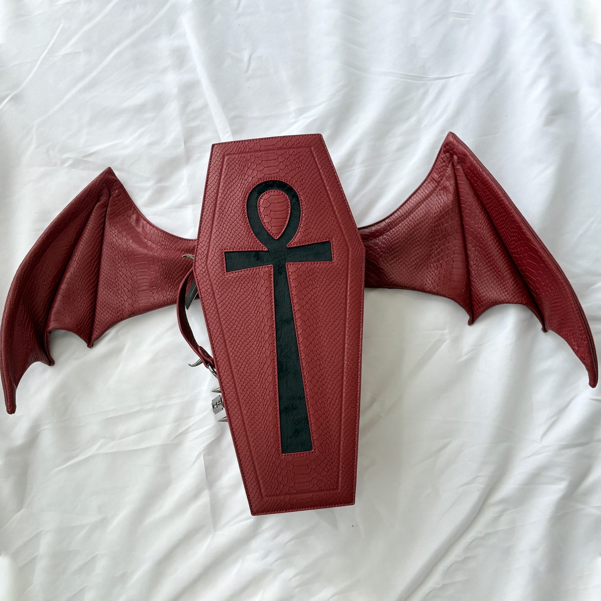 Vukora Women's Gothic Cross Bat Wing Coffin Bag Faux Leather Red