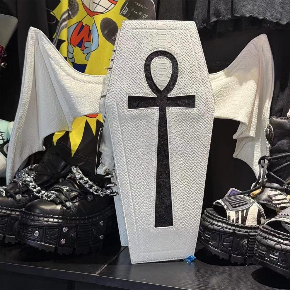 Vukora Women's Gothic Cross Bat Wing Coffin Bag White-Black