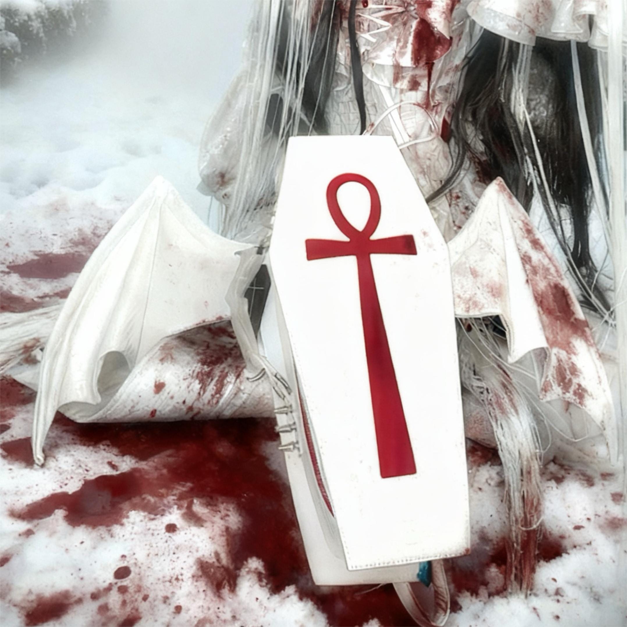 Vukora Women's Gothic Cross Bat Wing Coffin Bag White-Red