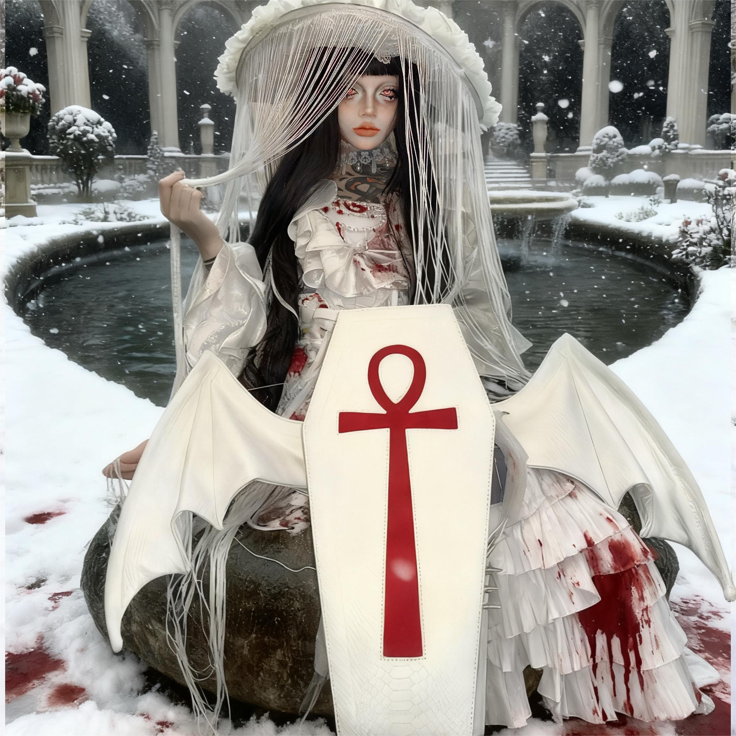 Vukora Women's Gothic Cross Bat Wing Coffin Bag White-Red