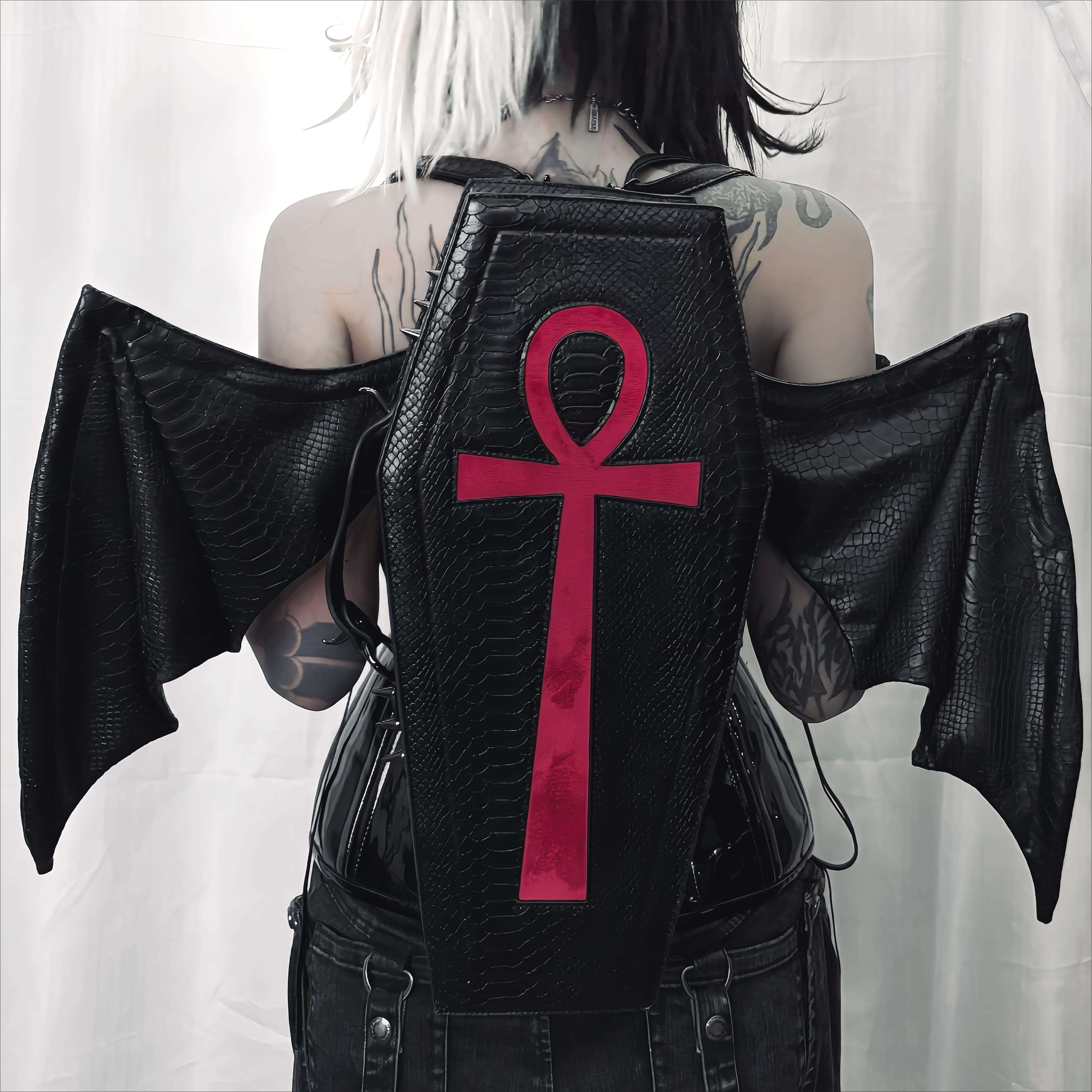 Vukora Women's Gothic Cross Bat Wing Coffin Faux Leather Bag Black