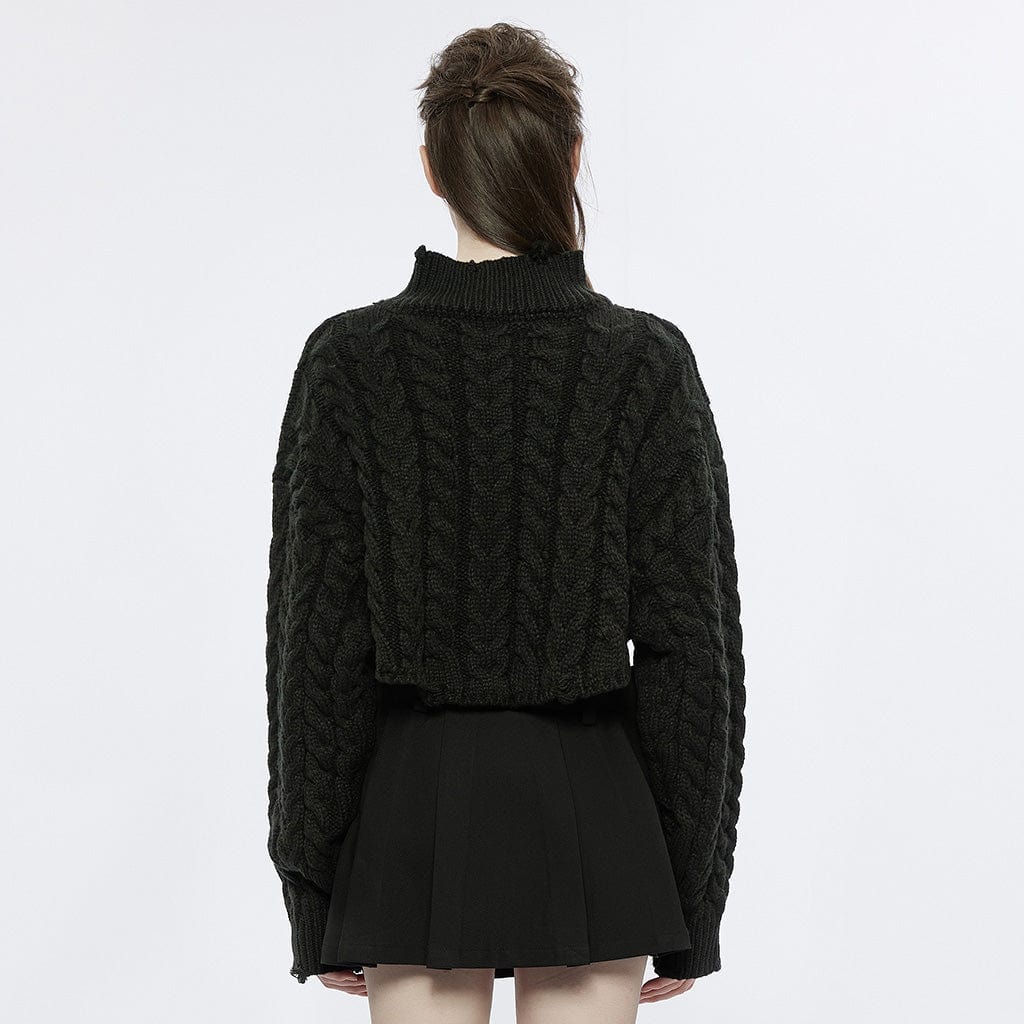 PUNK RAVE Women's Grunge Stand Collar Cable Knitted Short Sweater