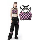 Darkinlove Rebel Racer Black Pink Plaid Halter Crop Top
