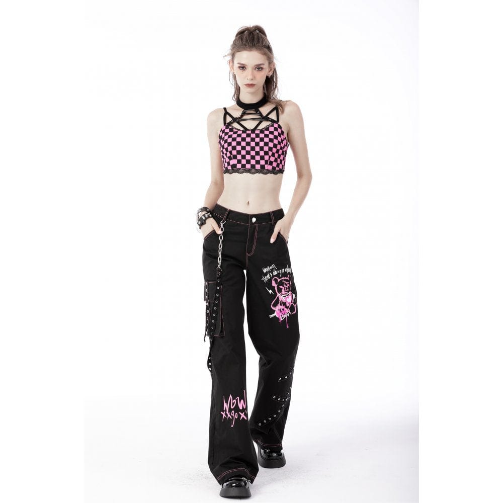 Darkinlove Rebel Racer Black Pink Plaid Halter Crop Top