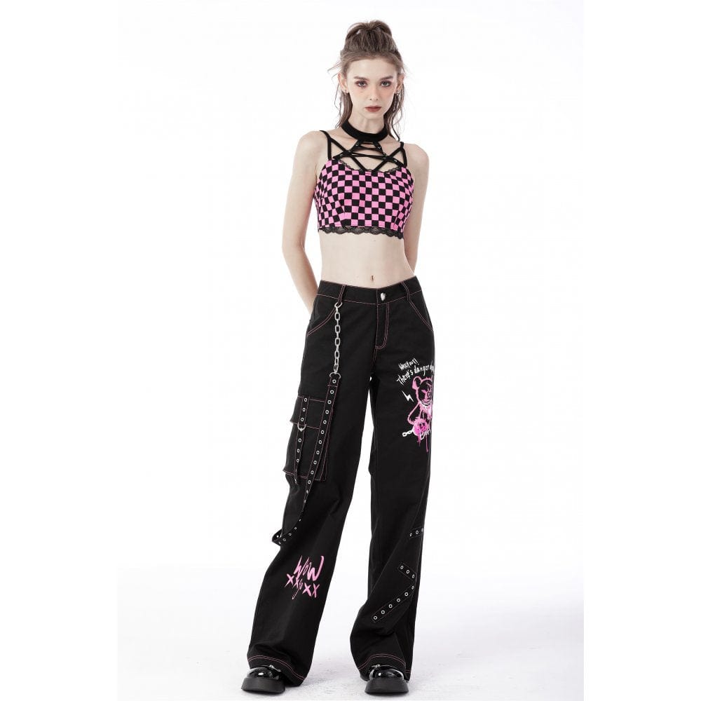 Darkinlove Rebel Racer Black Pink Plaid Halter Crop Top