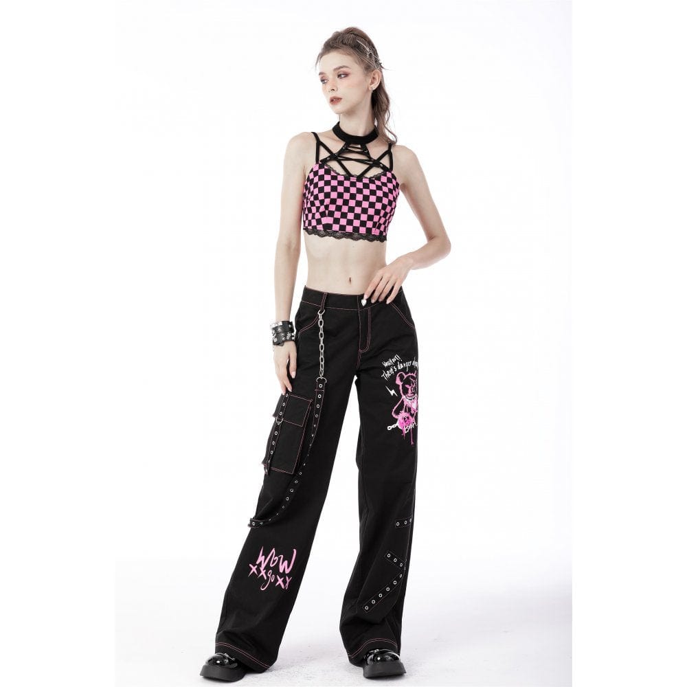 Darkinlove Rebel Racer Black Pink Plaid Halter Crop Top