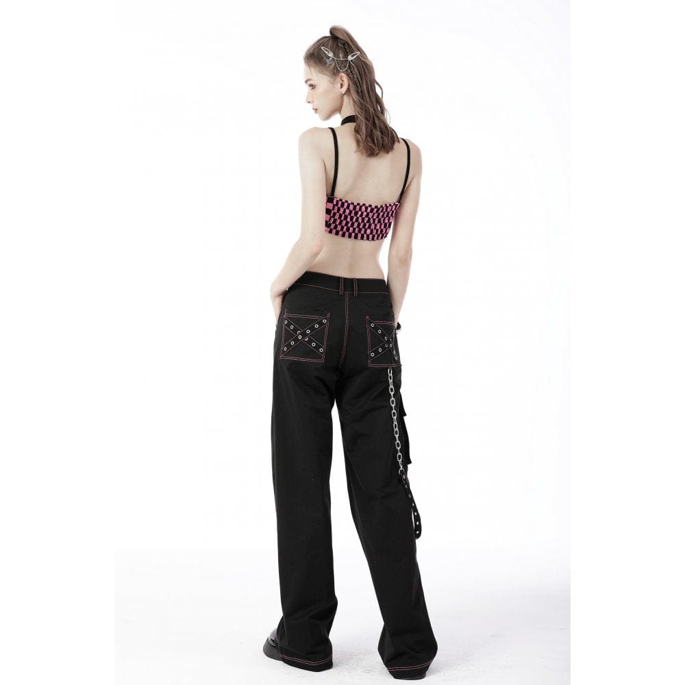 Darkinlove Rebel Racer Black Pink Plaid Halter Crop Top