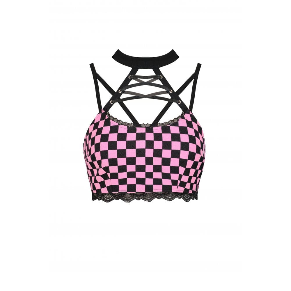Darkinlove Rebel Racer Black Pink Plaid Halter Crop Top