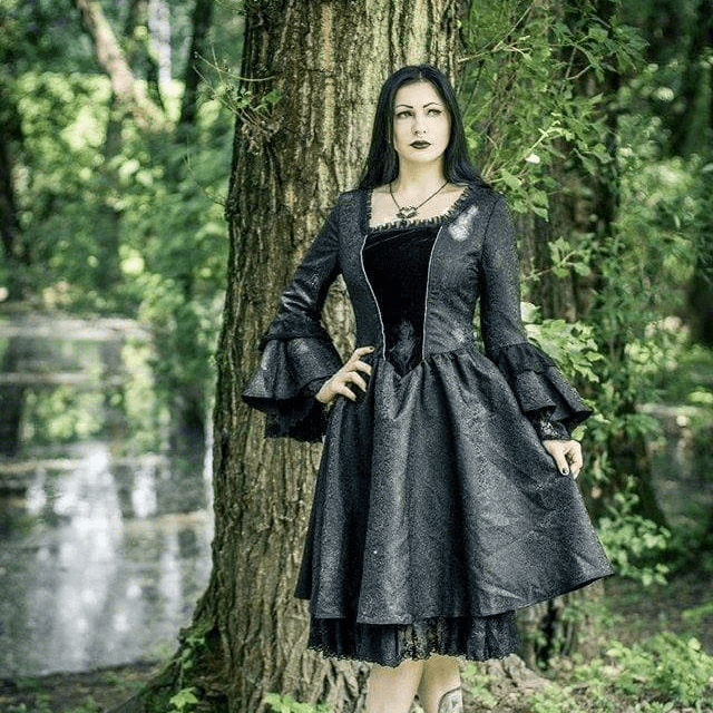 Darkinlove Women's Brocade & Lace Goth Black Dress