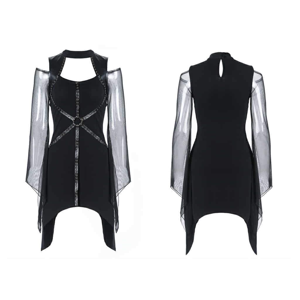 Darkinlove Women's Faux Leather and Mesh Asymmetric Dress