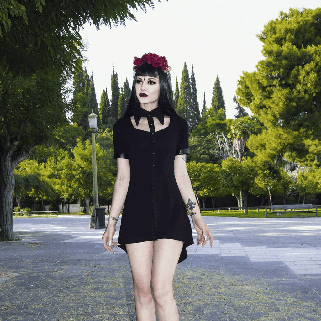 Darkinlove Women's Faux Leather Detailed Short Black Goth Dress