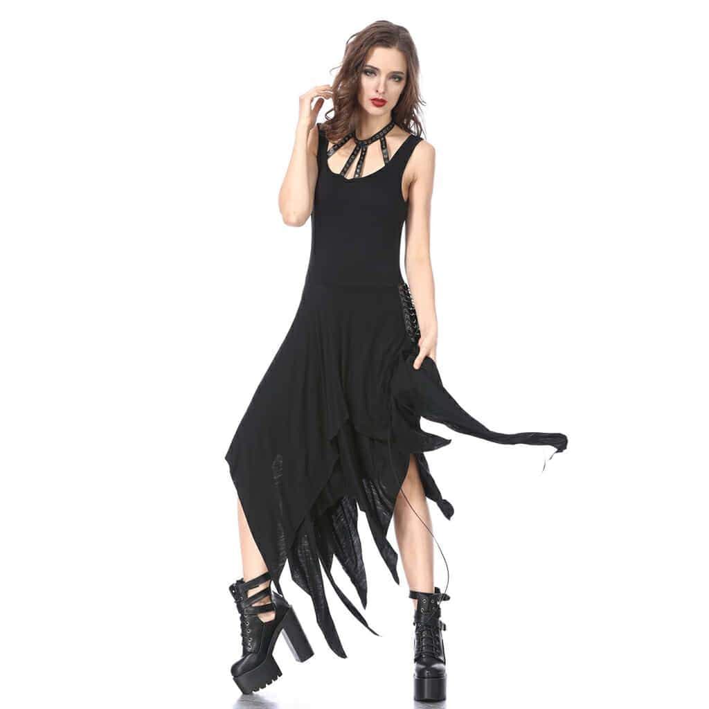 Darkinlove Women's Faux Leather Trimmed Goth Black Dress