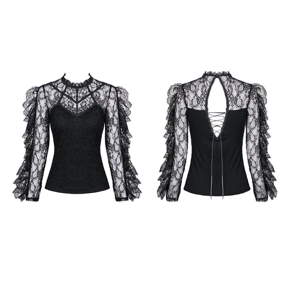 Darkinlove Women's Goth Back Lace-up Long Sleeved Tops With Floral Sheer Lace Sleeves