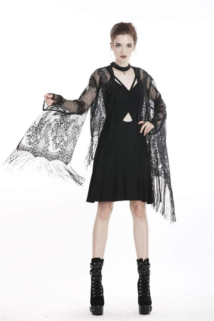 Darkinlove Women's Goth Black Tasseled Mesh Kimono Cape