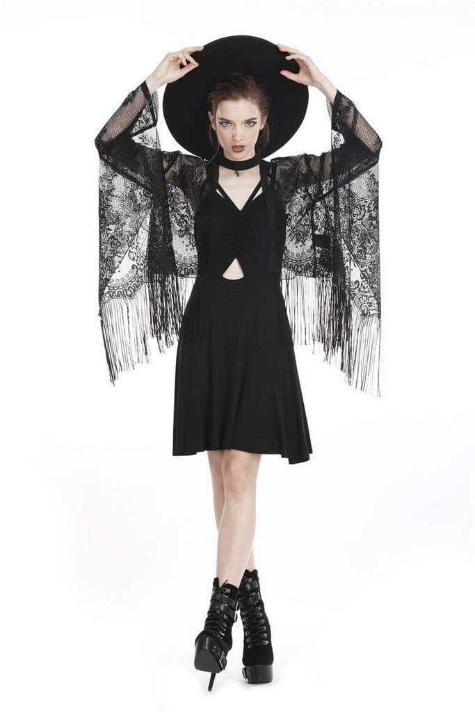 Darkinlove Women's Goth Black Tasseled Mesh Kimono Cape