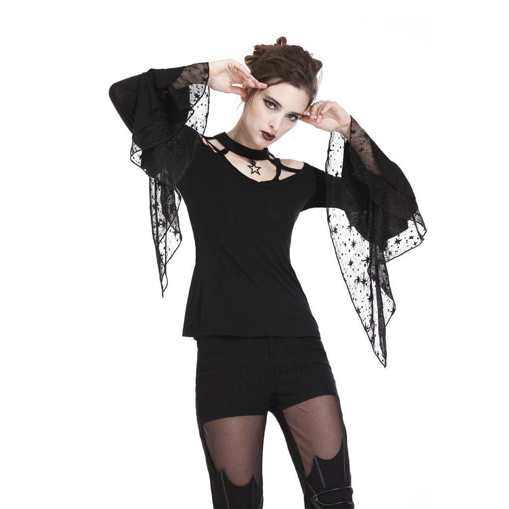 Darkinlove Women's Goth Criss Cross Lace Flare Sleeved T-shirts