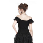 Darkinlove Women's Goth Floral Embroideried Off Shoulder Lace Short Sleeved Tops