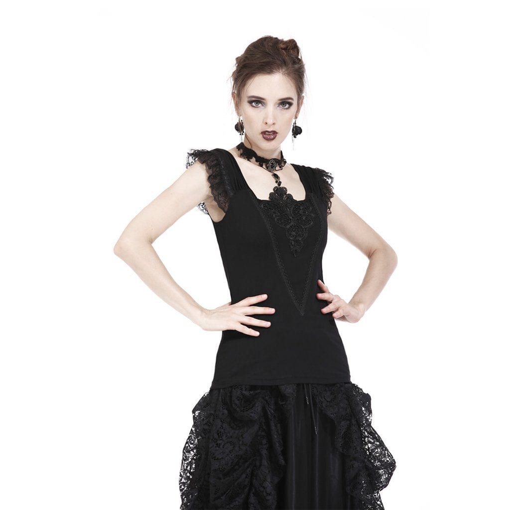 Darkinlove Women's Goth Floral Embroideried Off Shoulder Lace Short Sleeved Tops