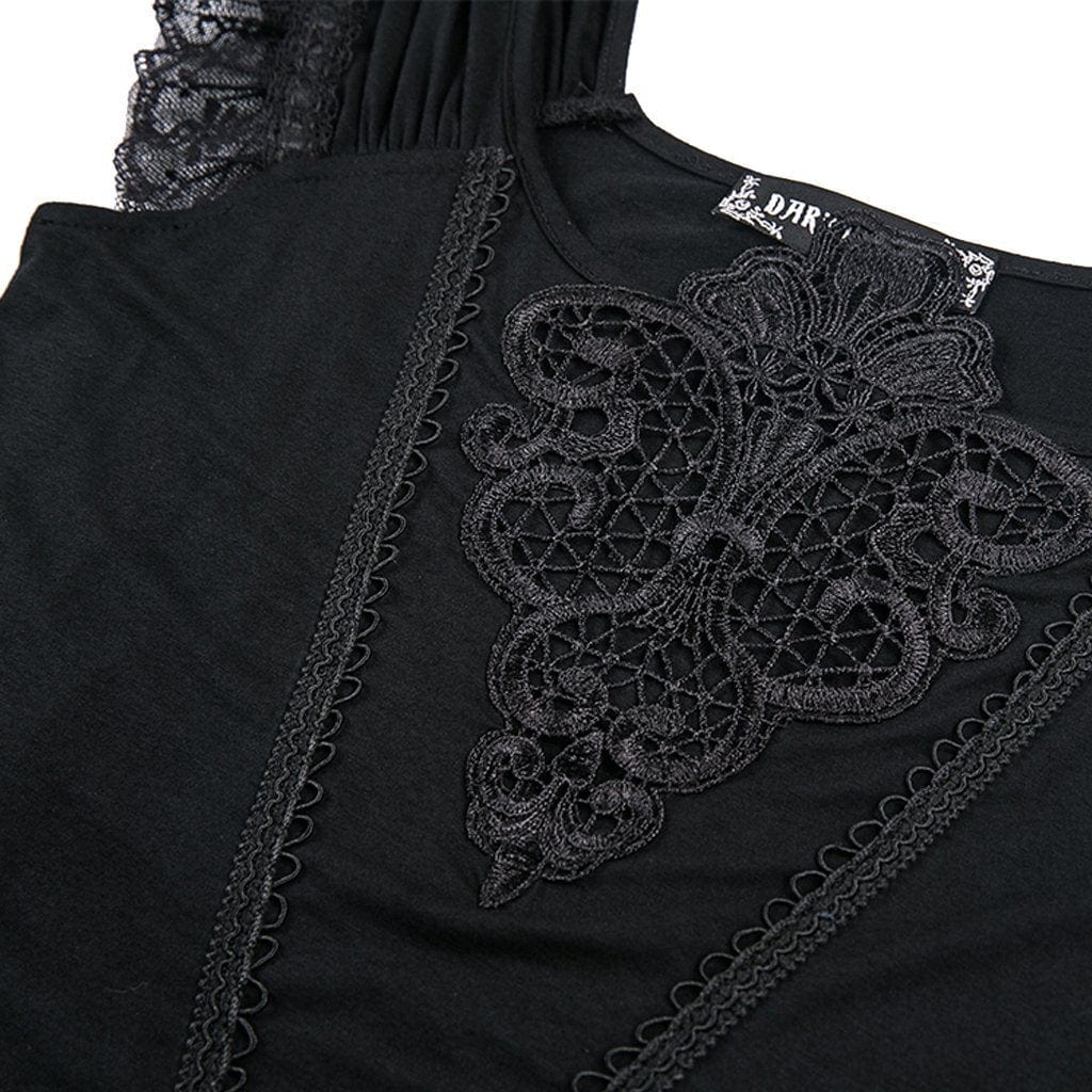 Darkinlove Women's Goth Floral Embroideried Off Shoulder Lace Short Sleeved Tops