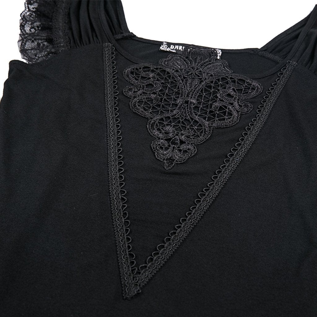 Darkinlove Women's Goth Floral Embroideried Off Shoulder Lace Short Sleeved Tops