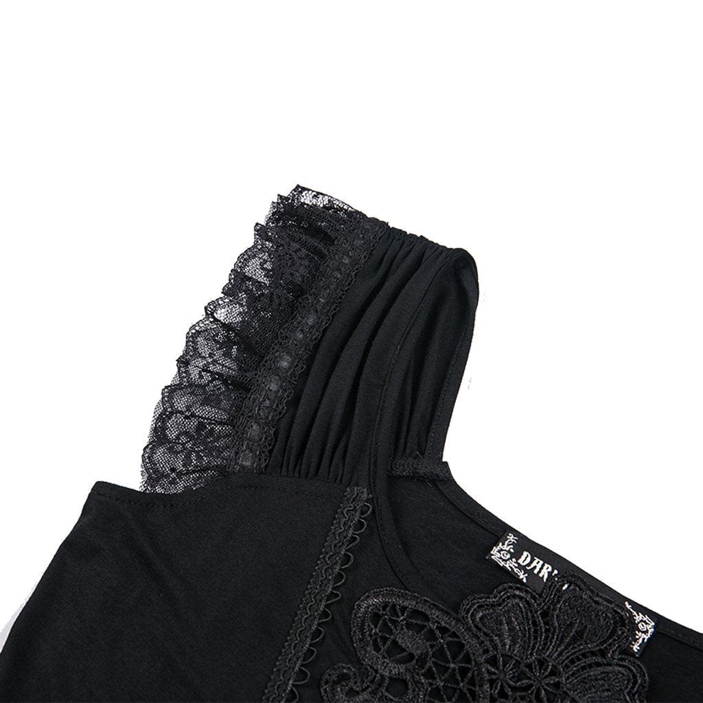Darkinlove Women's Goth Floral Embroideried Off Shoulder Lace Short Sleeved Tops
