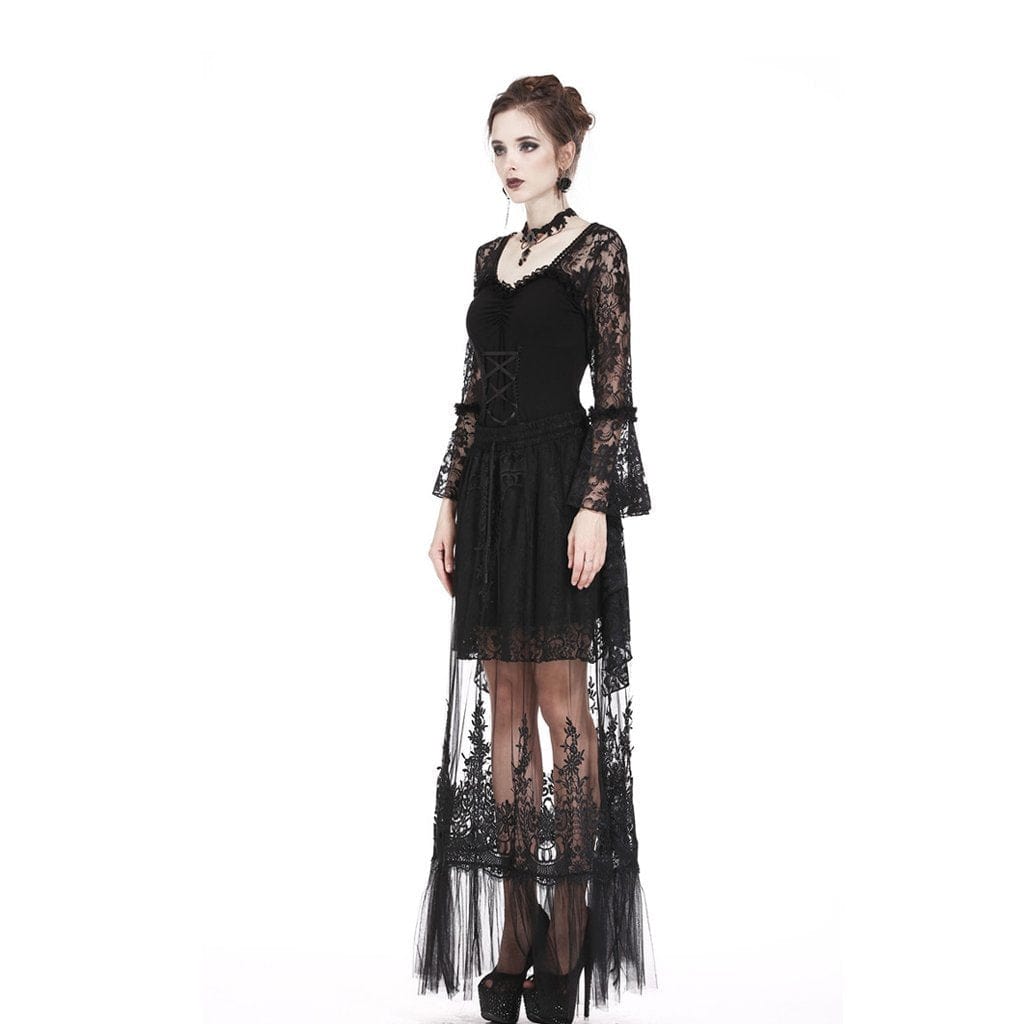 Darkinlove Women's Goth Floral Embroideried Translucent Lace Maxi Skirt