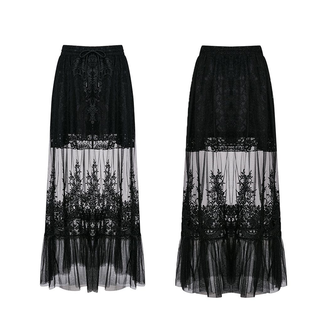 Darkinlove Women's Goth Floral Embroideried Translucent Lace Maxi Skirt