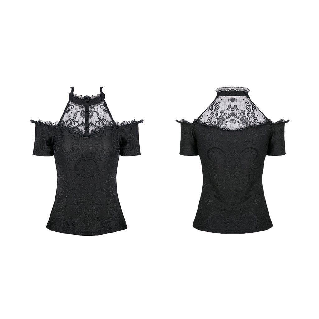 Darkinlove Women's Goth Floral Lace Halterneck Cutout Shoulder Short Sleeved Tops