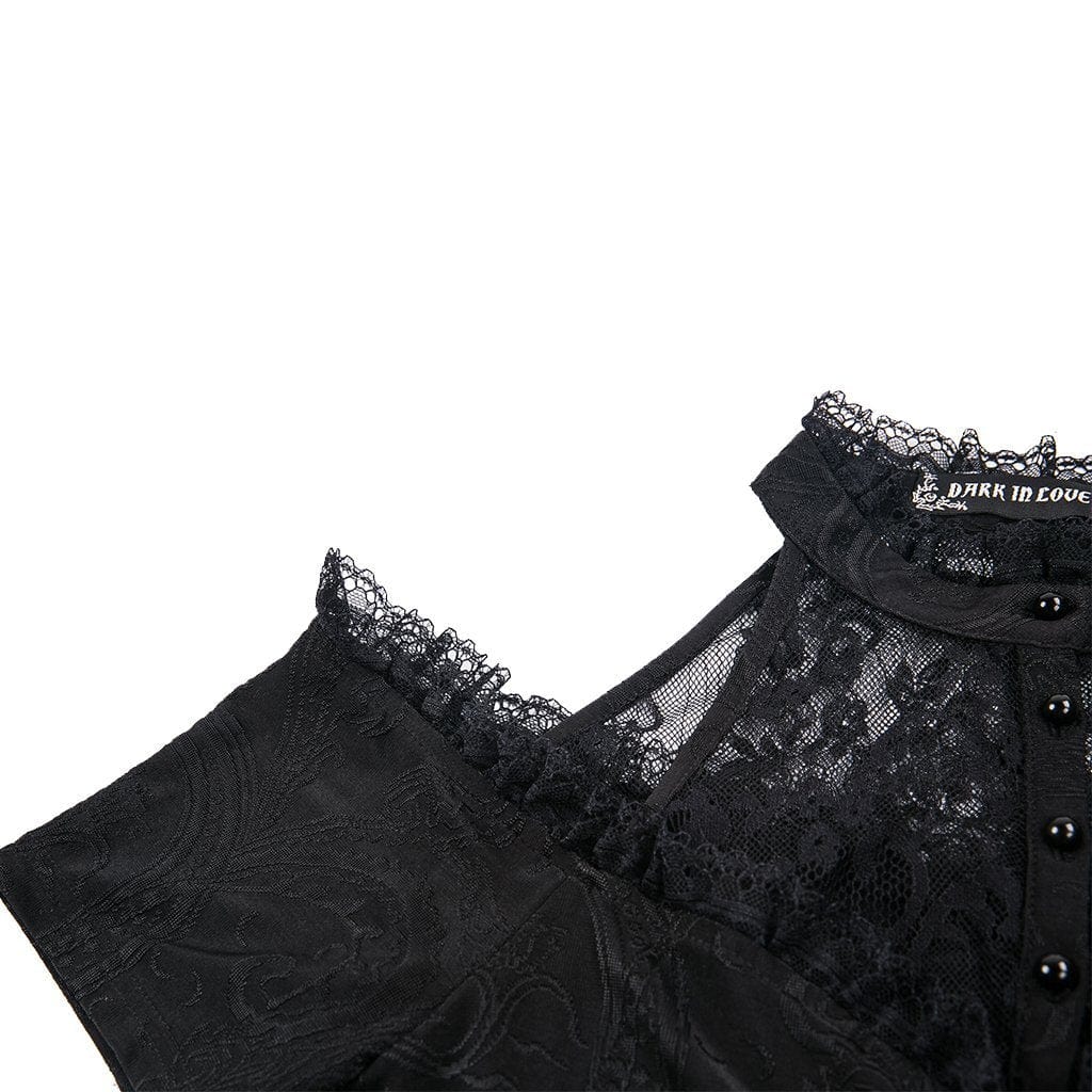 Darkinlove Women's Goth Floral Lace Halterneck Cutout Shoulder Short Sleeved Tops