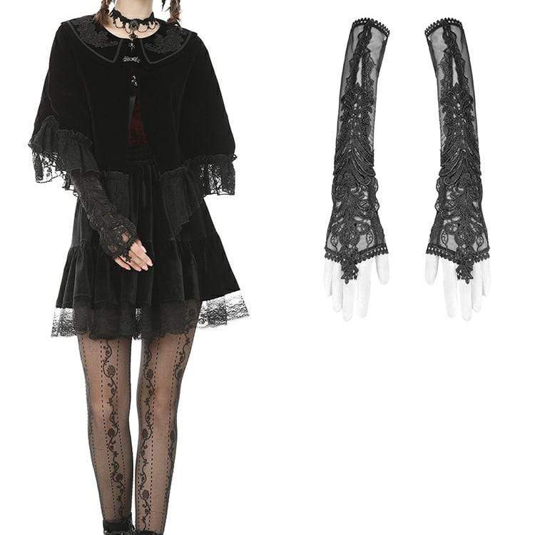 Women's Goth Floral Lace Sheer Long Gloves Black