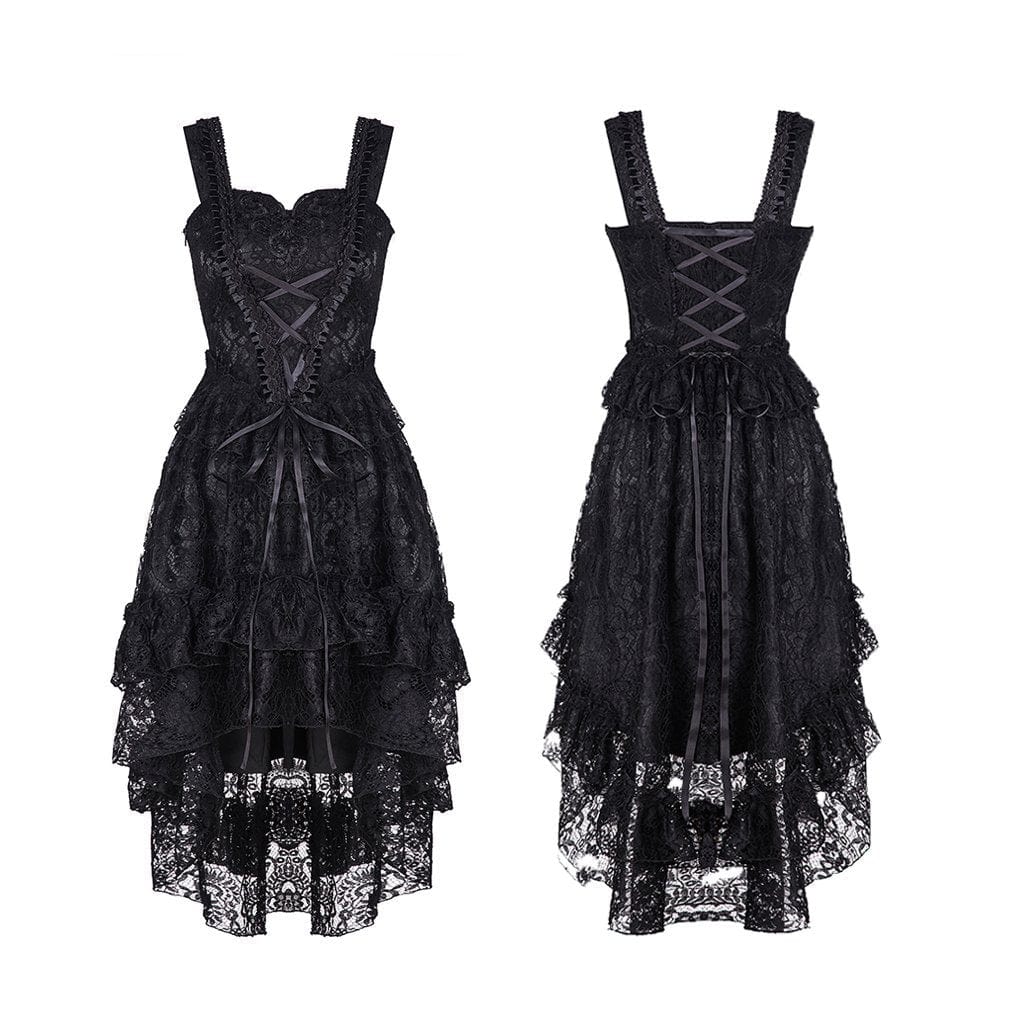 Darkinlove Women's Goth Floral Multilayer Lace High/Low Slip Dress Wedding Dress