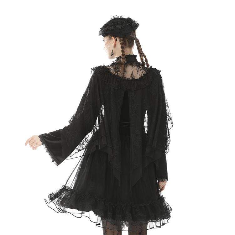 Women's Goth Floral Sheer Lace Cape with Trumpet Sleeves